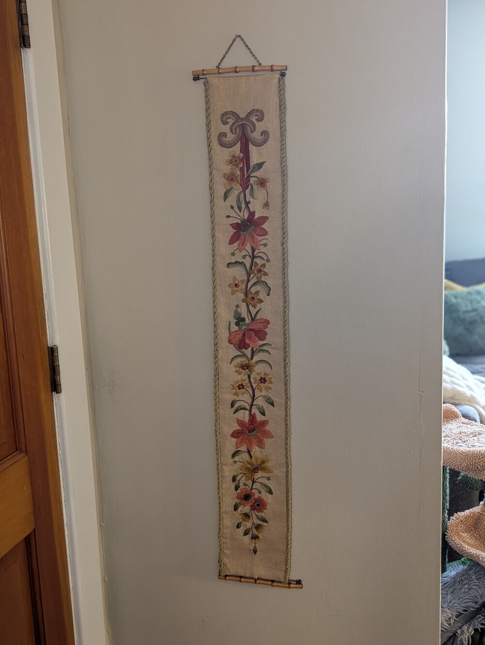 Vintage 70s Floral Crewel Embroidery Bell‎ Pull 50" Faux Bamboo Hardware